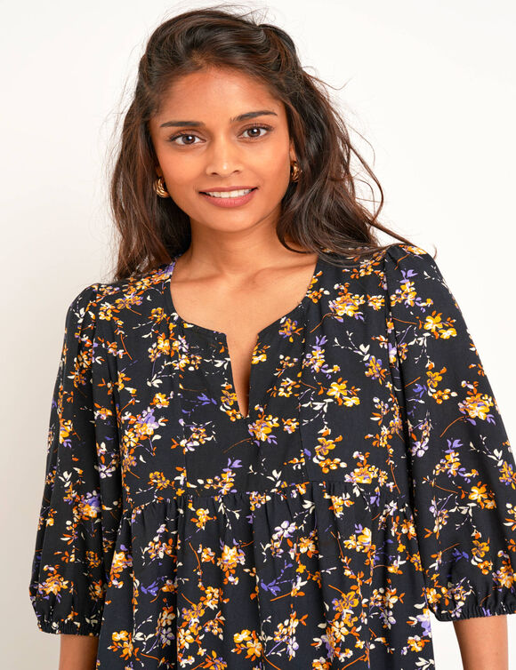 Robe manches blousantes, imprimé fleuri (noir / miel) Robe manches blousantes, imprimé fleuri (noir / miel)